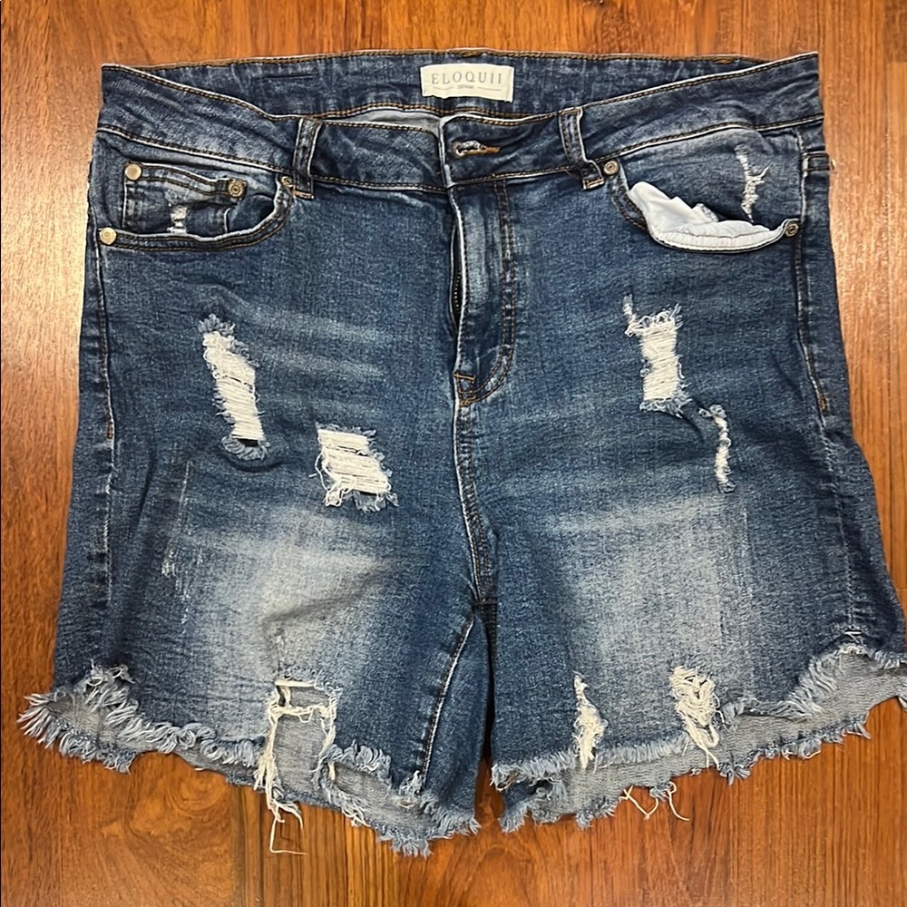 Eloquii Women's Distressed Blue Denim Shorts